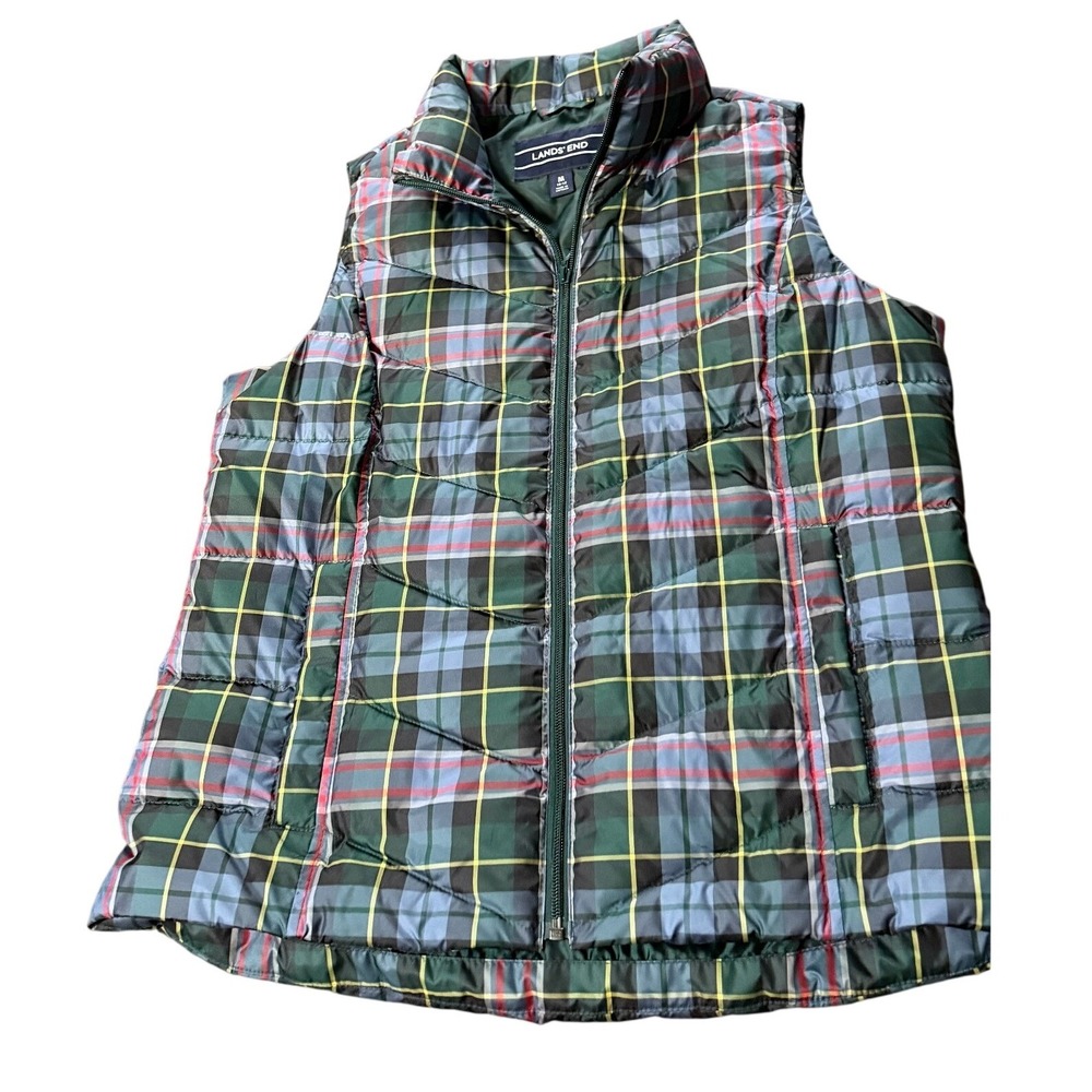 Lands End Puffer Vest Plaid Down Filled Quilted M Retro Preppy Gorpcore Tartan